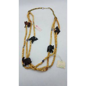Archana Wood Beads Wood Carved Animal Quartz Stones Necklace Made in India NWT